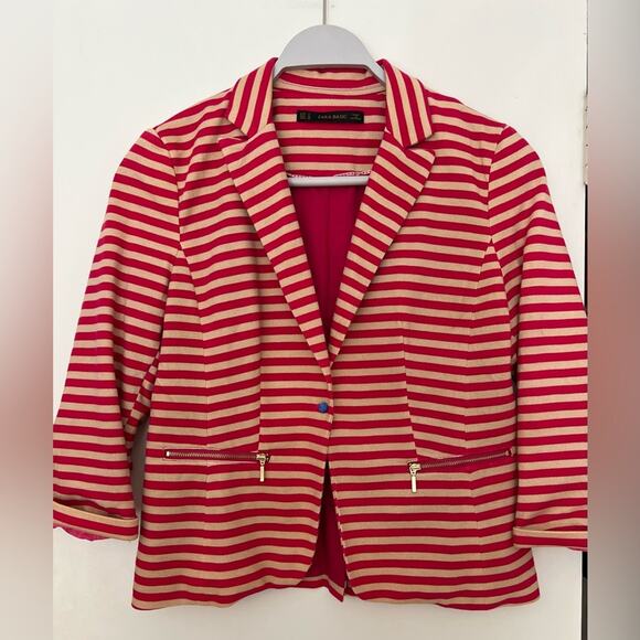 Zara Basic Single Button Striped Blazer Pink & Tan Size: Small - Picture 2 of 6